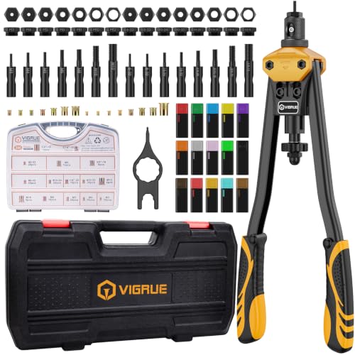 VIGRUE 16'' Rivet Nut Tool Nusterts Hand Tool Kits with 15PCS Metric & Inch Mandrels and 300PCS Metric & SAE Rivet Nuts Assortment M3 to M12, 6-32 to 1/2-13 and Rugged Carrying Case