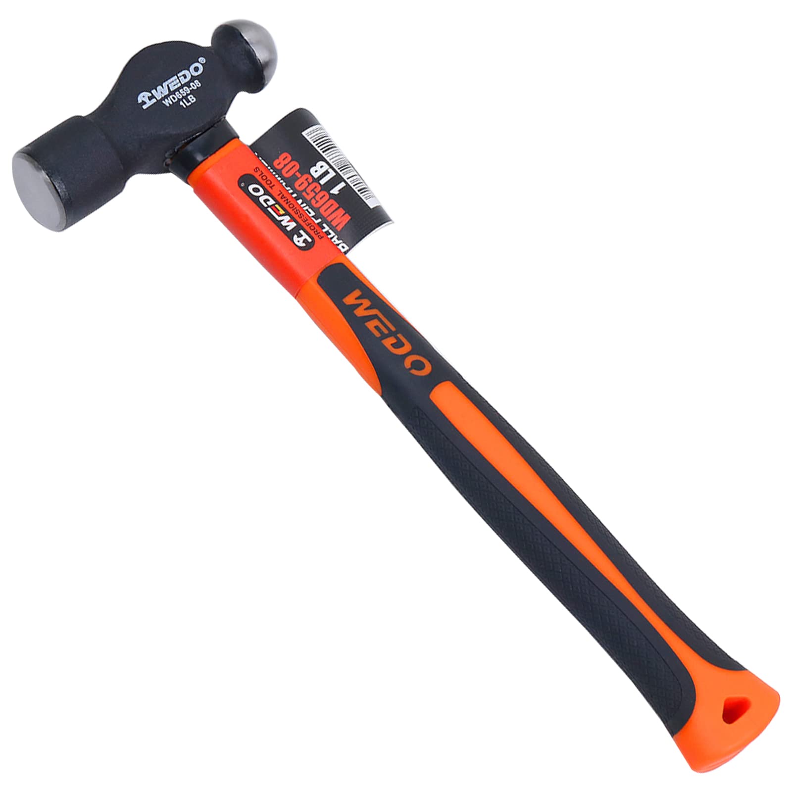 WEDO Ball Pein Hammer with Fiberglass Handles, 1lb Ball Peen Hammer with Plastic Non-Slip Coating Handle, High Carbon Steel, Die-Forged, Strong Torque,Length 320mm