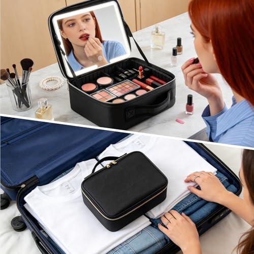 RAMSPIT Bolsa De Maquillaje Con Espejo y Led, Estuche De Maquillaje Con Lupa De 10X, Neceser Maquillaje, 3 Colores De Luz y Ajustes De Brillo, Compartimentos Ajustables DIY, Cosmetiquera De Viaje