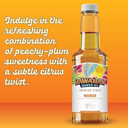 HAWAIIAN SHAVED ICE MANGO SYRUP – NUT SOY DAIRY FREE – FLAVOR FLUFFY & CRUNCHY SNOW CONES – SHELF STABLE – MAKES 8 SERVINGS – 16 OUNCES