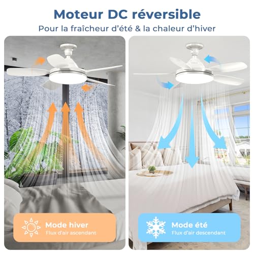 GOODEA Ventilateur de Plafond avec Lumière et Telecommande 81cm, E27 & 5 Pales à Encliquetage, 3 Couleurs & 2500LM Très Lustre Ventilateur Plafond Silencieux Minuterie Mémoire pour Salon Chambre