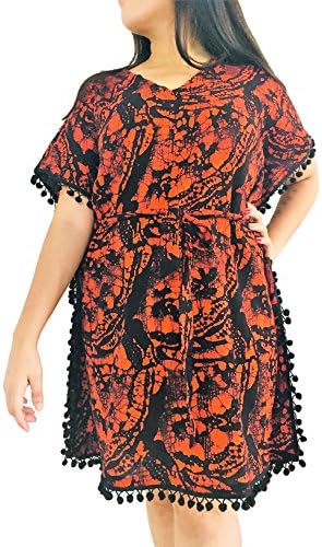 Green Roots Antara Women's Tunic Batik Kaftan Cotton Top with Pom Pom Borders Swimwear Beachwear Cover up