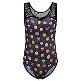 BAOHULU Girls's One Piece Sparkle Gymnastics Tank Leotards-Sparkle Galaxy Butterfly Pumpkin Print Cosplay Costumes Halloween Clothes (Tag.No 12A (Recommended Age 11-12 Years), BlackEmoji)