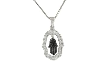 Central Diamond Center Simulated Diamonds Halo Hamsa Pendant Sterling Silver and box chain