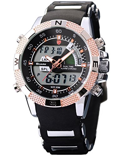 Porbeagle Shark Men's Sport Wrist Watch Army Dual Time LCD Alarm Chronograph SH045