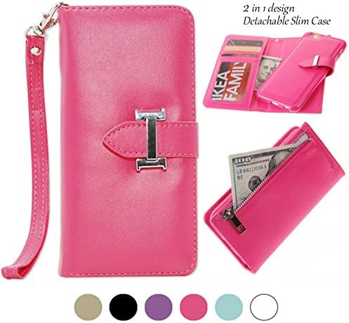 iPhone 6/6S Plus Wallet Case with Magnetic Detachable Slim Case and Back Zipper Pocket for Changes&Removable Wristlet, Made with Premium Faux Leather in Deep Pink-By Weforever