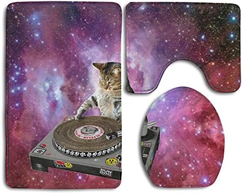Usieis DJ Space Cat Non-Slip Toilet Rug Sets 3 Pcs Bathroom Mats Rug Lid Toilet Cover