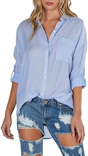 HaoDuoYi Womens Striped Single Button Pocket Detail Roll Sleeve Casual Blouse