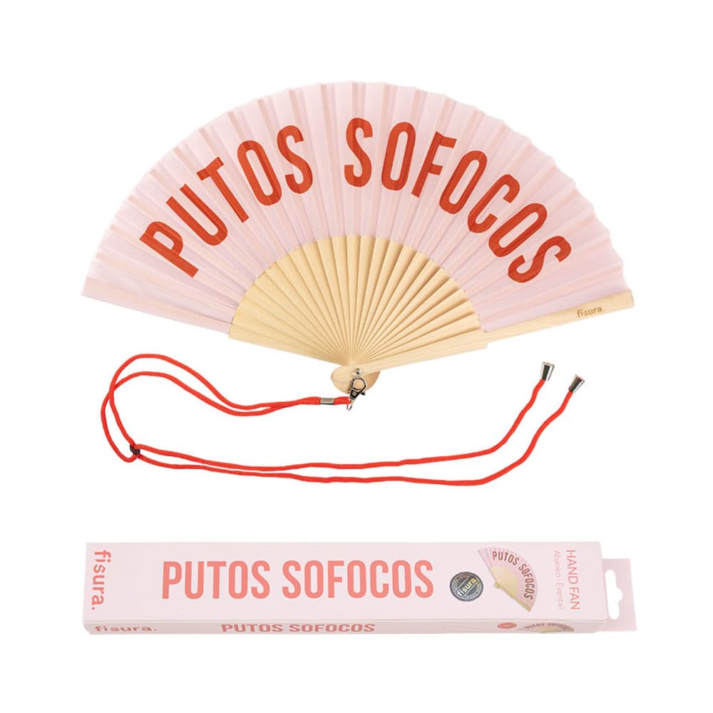 Fisura - Original handheld folding fan with the message in Spanish. Wooden fan. Original holding Hand Fans. Fan with hanger included (Sofocos, pink)