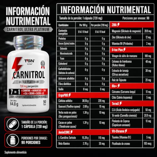 CARNITROL | PreEntreno 7 en 1 para Energía y Enfoque – 220 mg Cafeína por cápsula más L-Carnitina, ZMA, CLA, Picolinato de Cromo, B1 y D-TOX plus | TSN Testrol