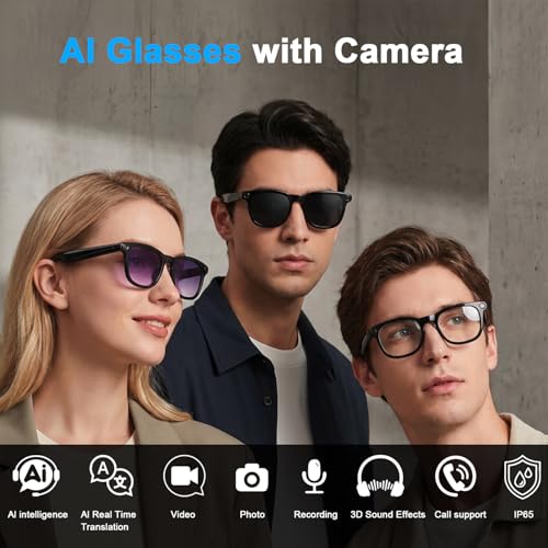 AI Smart Glasses with Camera, 8MP HD Bluetooth Camera Glasses, 1080P Video Recording Sunglasses for Women Men, Real Time Translation, Voice Assistant, Open-Ear Audio for Travel, Work Vlog (3 lenses)