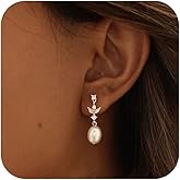 Hayopi Pearl Earrings for Women - Dainty Gold Dangle Drop Earrings, 14k Gold Plated Cute Bow Design, Hypoallergenic Pearl Studs, Wedding Jewelry Gifts