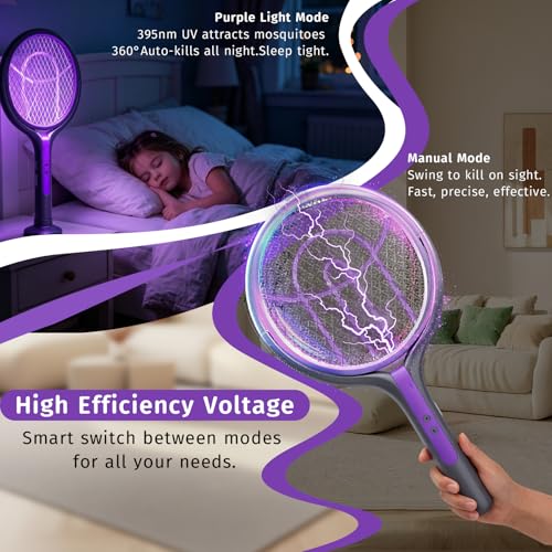 Electric Fly Swatter, Rotating Head Bug Zapper, Dual Modes Mosquito Killer with Purple Mosquito Light Rechargeable for Indoor Home Patio Camp Office, Telescopic Extension