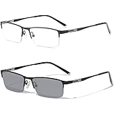 laureles Photochromic Reading Glasses for Men Business Square Metal Half Frame Sun Photochromic Lens Readers (Black, 0.0, multiplier_x)