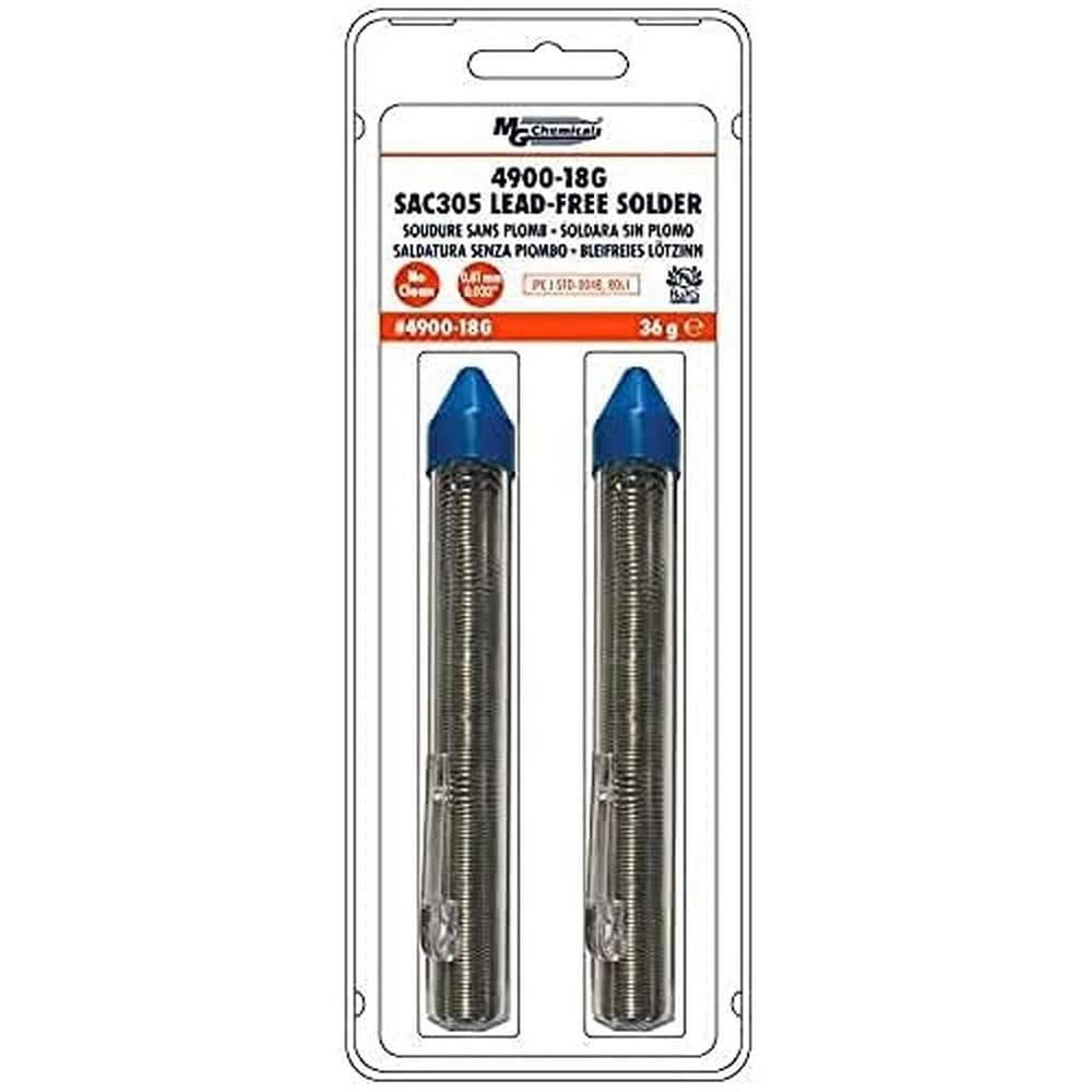 MG Chemicals SAC305 Lead free & No Clean Solder, 96.3% tin, 0.7% copper and 3% Silver, 0.81mm/0.032" Dia. (2-Pack), Silver Grey, 4900-18G