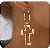 Gold Cross Hoop Earrings for Women Vintage Hollow Hammered Crucifix Dangle Drop Earrings Chunky Large Faith Daily Wear Ear Jewelry