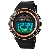 Fanmis Multi Function Alarm Stopwatch Digital LED Quartz Watch Solar Power Black Sports Watches (Rose Gold)