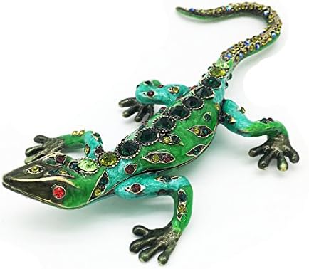 Waltz&FDiamond green Lizard Hinged Trinket Box Bejeweled Hand-painted Ring Holder Animal Figurine Collectible