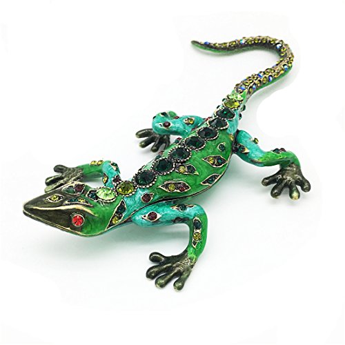 Waltz&FDiamond green Lizard Hinged Trinket Box Bejeweled Hand-painted Ring Holder Animal Figurine Collectible