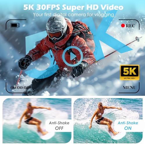 Digital Camera, 5K 75MP UHD Digital Camera with 64GB Micro SD Card, 2.83-inch 180° Rotatable Screen, 18X Zoom, Anti-Shake, Compact Camera for Kids, Adults, Beginners (Black)