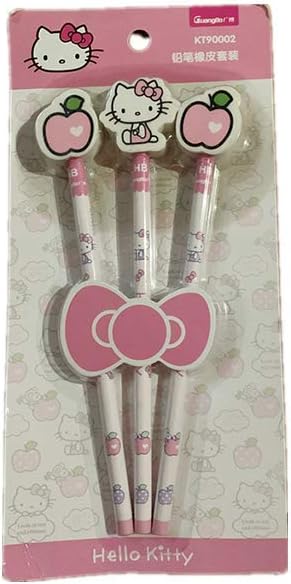 Yefashion 3pcs Hello Kitty Pencils+erasers Apple Girl Kid School Stationery Drawing Painting: Toys & Games