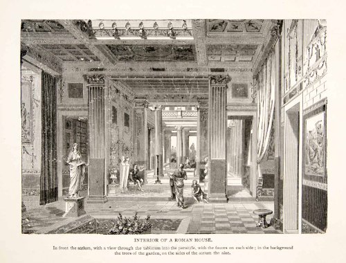 1886 Wood Engraving Interior Ancient Roman House Atrium Tablinum Fauce Alae Art - Original In-Text Wood Engraving