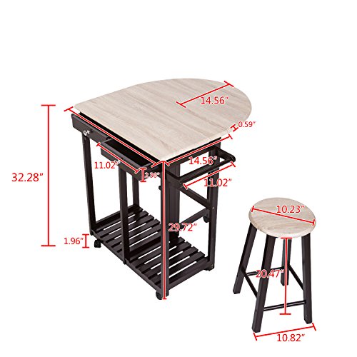 Peach Tree 3-Piece Table Dining Set Home Kitchen Furniture Wooden Rolling Kitchen Trolley Cart Island Foldable Table Drop Leaf, Breakfast Bar, Dining Table Set w/2 Stools
