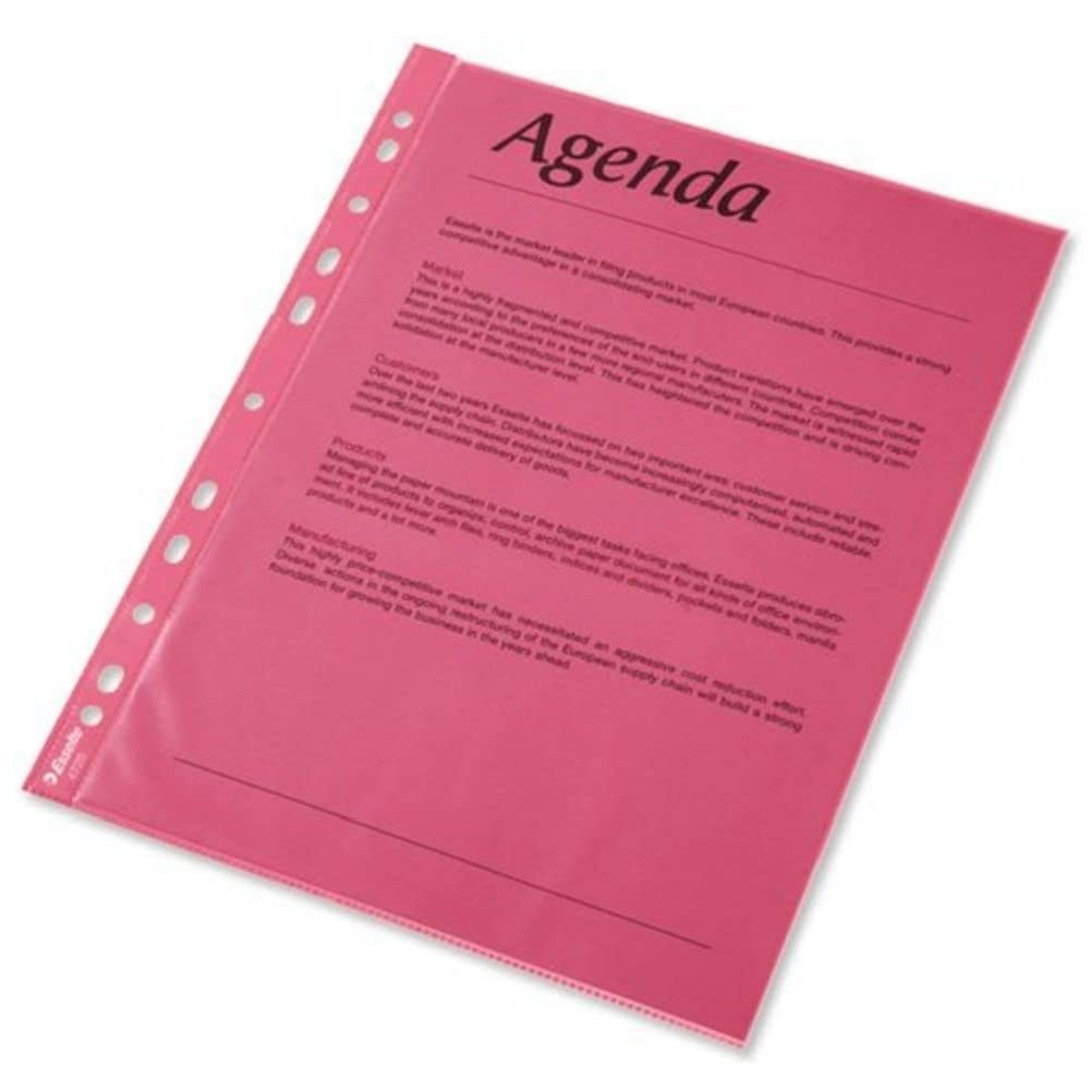 Esselte Quality Punched Pocket, Pack of 10, Holds up to 20 A4 sheets, Transparent, Matte, Red, 55 Micron PP Material, 47203