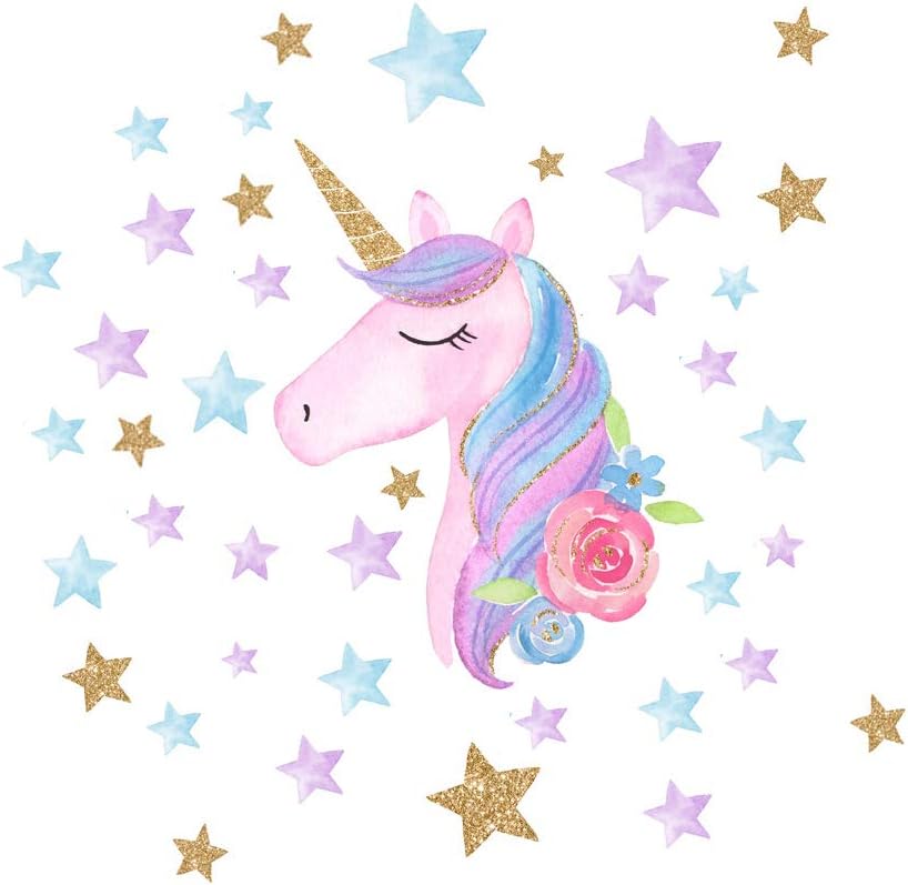 AIYANG Unicorn Wall Stickers Rainbow Colors Wall Decals Reflective Wall Stickers for Girls Baby Kids Bedroom Playroom Decoration (Pink Unicorn and Stars)