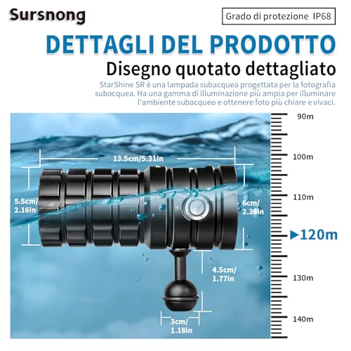 Sursnong SR 10000 Lumens Diving Video Torch - Professional Diving Flashlight with 95 CRI, 6500K White Light, for Diving/Underwater Photography/Videography (IP68 Waterproof, 120m Depth)