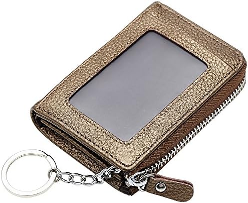 Esdrem Unisex Genuine Leather Zip Change Purse Coin Card Case Wallet w Key Ring Keychain (Bronze)