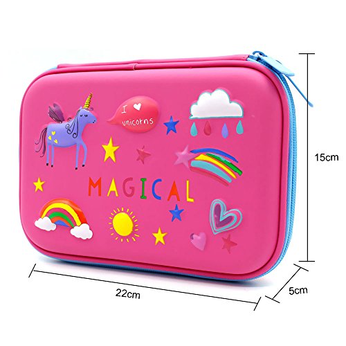3D Rainbow Unicorn Embossed Hardtop Pencil Case - School Girls Large Colored Pen Holder Box With Compartments - Kids Cute Cosmetic Pouch Bag Stationery Organizer (Hot Pink)