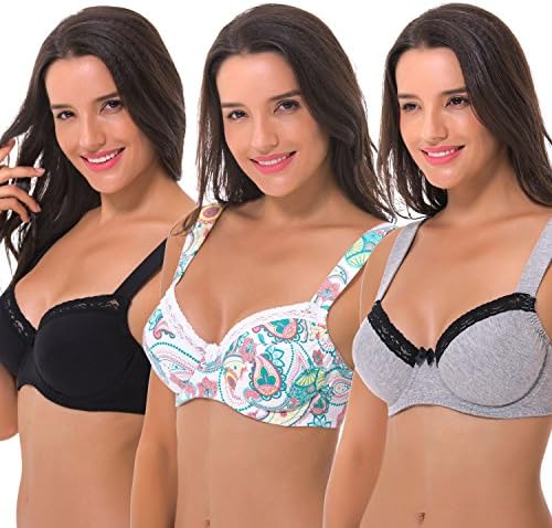 Curve Muse Women's Plus Size Underwired Unlined Balconette Cotton Bra With-3Pack