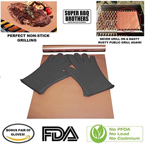 Deluxe Non-Stick Copper Grill Mats (1 Pair) PLUS BONUS PAIR HEAT RESISTANT COMMERCIAL GRADE BBQ GLOVES| Easy Versatile Reusable Washable | Barbecue Grilling &amp; Baking Topper | BONUS Marinade recipe