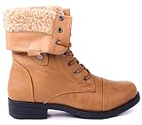 Womens Fur-Lined Foldable Cuff Lace Up Mid-Calf Combat Boots