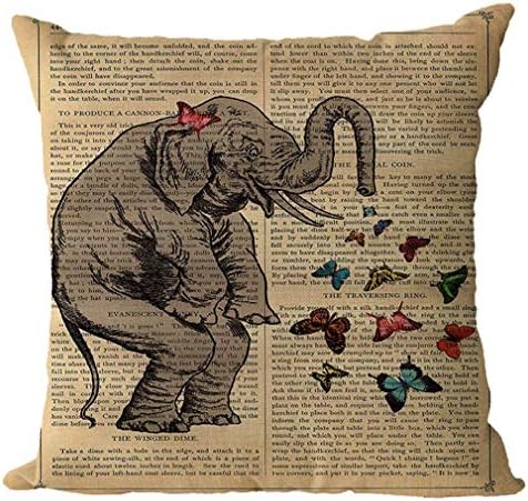 Cotton Linen Cushion Cover Throw Pillow Covers Vintage Newspaper and Elephant Butterfly Printed Square Pillowcase Home Decorative Gifts for Sofa Bed Car Garden 18"x18" 45x45cm
