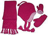 N'Ice Caps Girls Bulky Waffle Stitch 3Pc Set With Sherpa Lining (4-12yrs, Fuchsia)