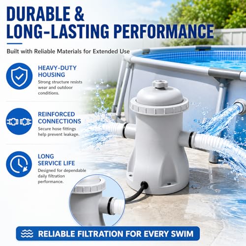 Denash de Bomba de filtros de Piscina de Cartucho, 330 GPH, Potente Bomba de Filtro de Piscina, Cartucho eléctrico de Alta eficiencia para Piscinas sobre el Piso