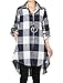 Mordenmiss Women’s Linen Plaid Blouses Loose Button-Down Shirts Roll-up Sleeve Tunic Tops XL Navy Blue