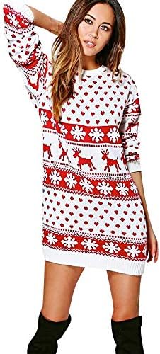 Tsmile Women Dress Xmas Christmas Fashion Winter Print Round Neck Long Sleeve Casual Sweater Mini Dress