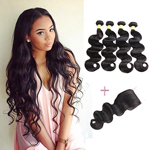 YePei Brazilian Virgin Body Wave 4 bundles With Free Part Closure Natural Color 100% Unprocessed Human Hair Weave Weft with Lace Closure (14 16 18 18 with 12 free)
