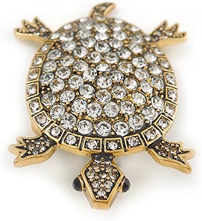 Vintage Inspired Clear Crystal Turtle Brooch In Antique Gold Tone Metal - 60mm L, white / ivory, gold - Image 3