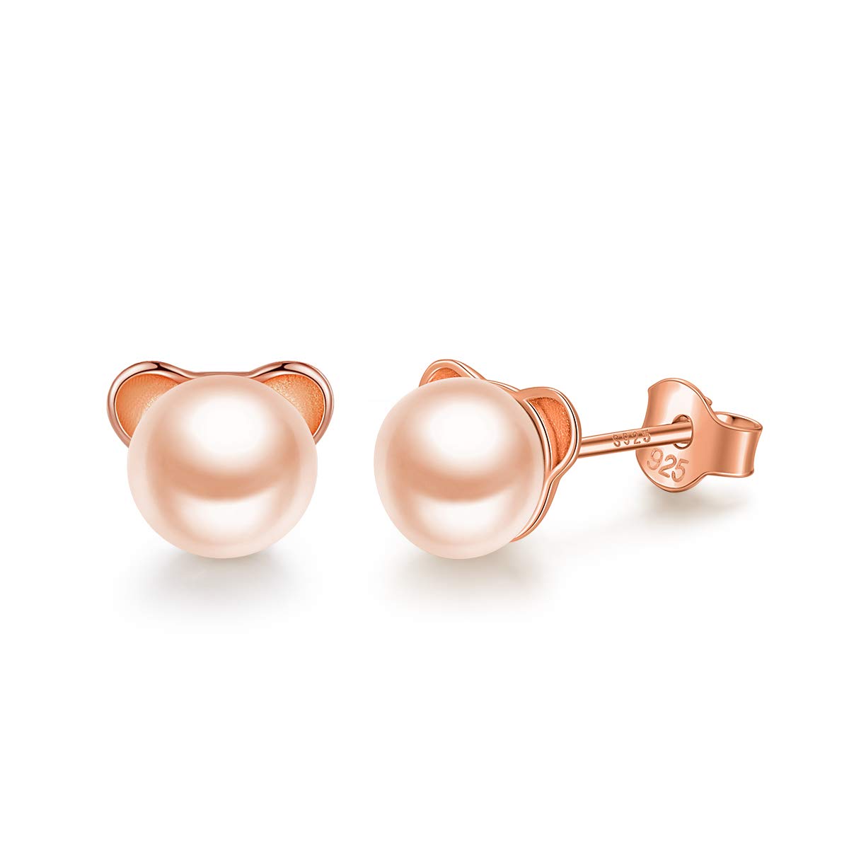 Pair of 925 Sterling Silver Lovely Cat Stud Earrings with Cultured Freshwater Pearl Round 8 mm (0.32in), Gift Box (Rose gold)