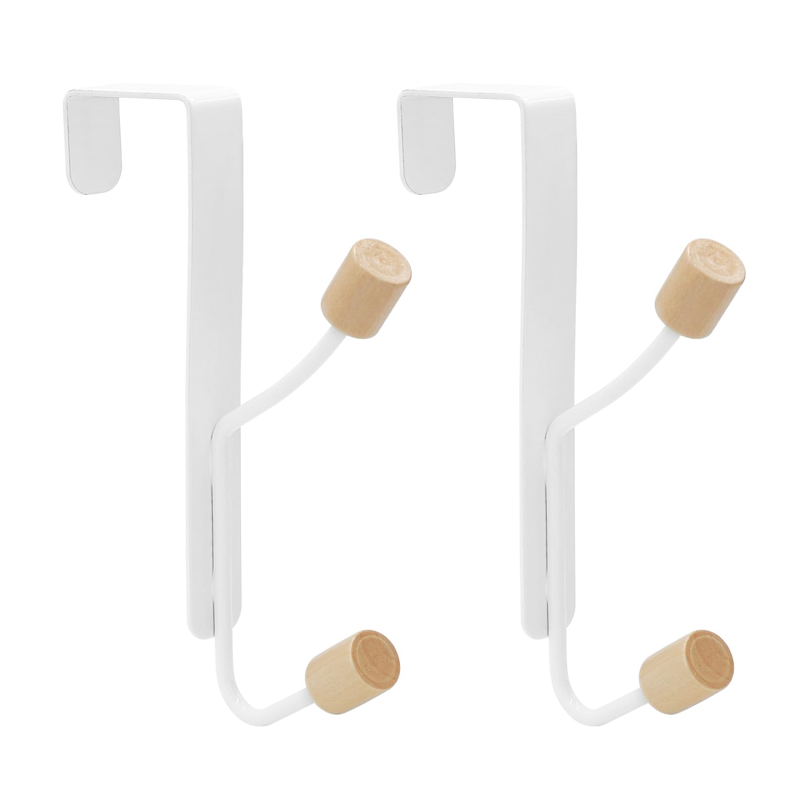 MABAHON Over The Door Hanger, 2 Pack Sturdy Metal Over Door Wooden Hooks Organizer Rack Hanging Hooks for Hanging Towel Coats Clothes Hats Bags Bathroom (White)