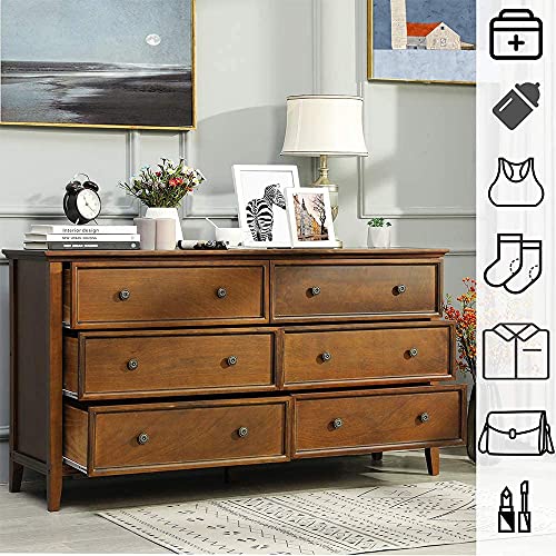 Hasuit 6 Drawer Double Dresser, Solid Wood Dresser Chest with Wide