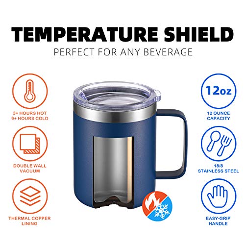 12oz Stainless Steel Insulated Coffee Mug with Handle, Double Wall Vacuum Tumbler Cup with Lid, Navy, 1 Pack