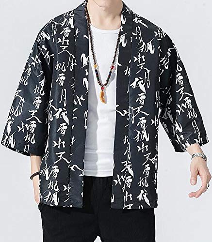 Hotmiss Men's Kimono Cardigan Jacket Japanese Style Flying Crane Seven Sleeves Open Front Coat (Pure Black, X-Large)