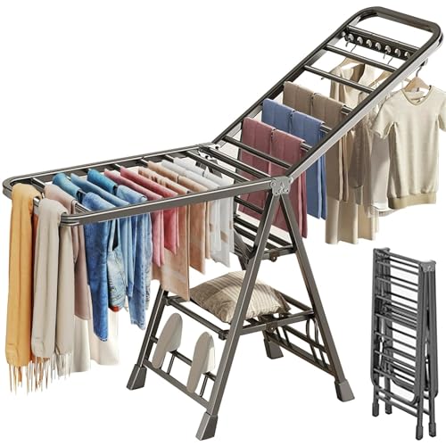 Foldable Clothes Drying Rack, 3 Tier Laundry Dry Rack Height Adjustable Clothes Hanger Stand Drying Racks, Carbon Steel Laundry Drying Rack Stand for Sheets Towels & Clothing, Indoor Outdoor Use (125)