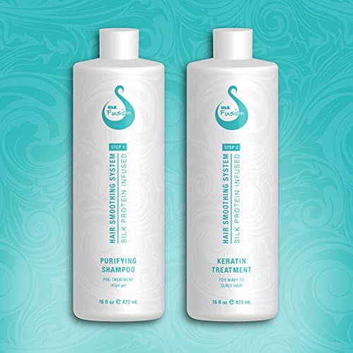 Keratin Long Lasting Hair Smoothing Treatment Combo with Organic Coconut Oil and Infused SILK Proteins for Straightening of Wavy to Curly Hair in Two 16 Fl Oz / 473 mL