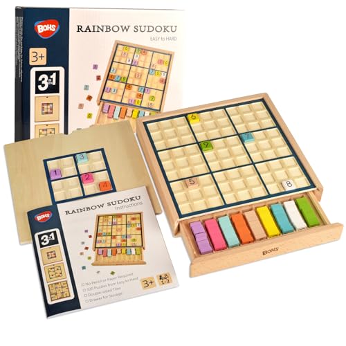 BOHS Wooden Rainbow Sudoku Puzzle - 3 in 1 Easy to Hard - with Sudoku Book of 320 Puzzles - Desktop Brain Teaser Game Toys